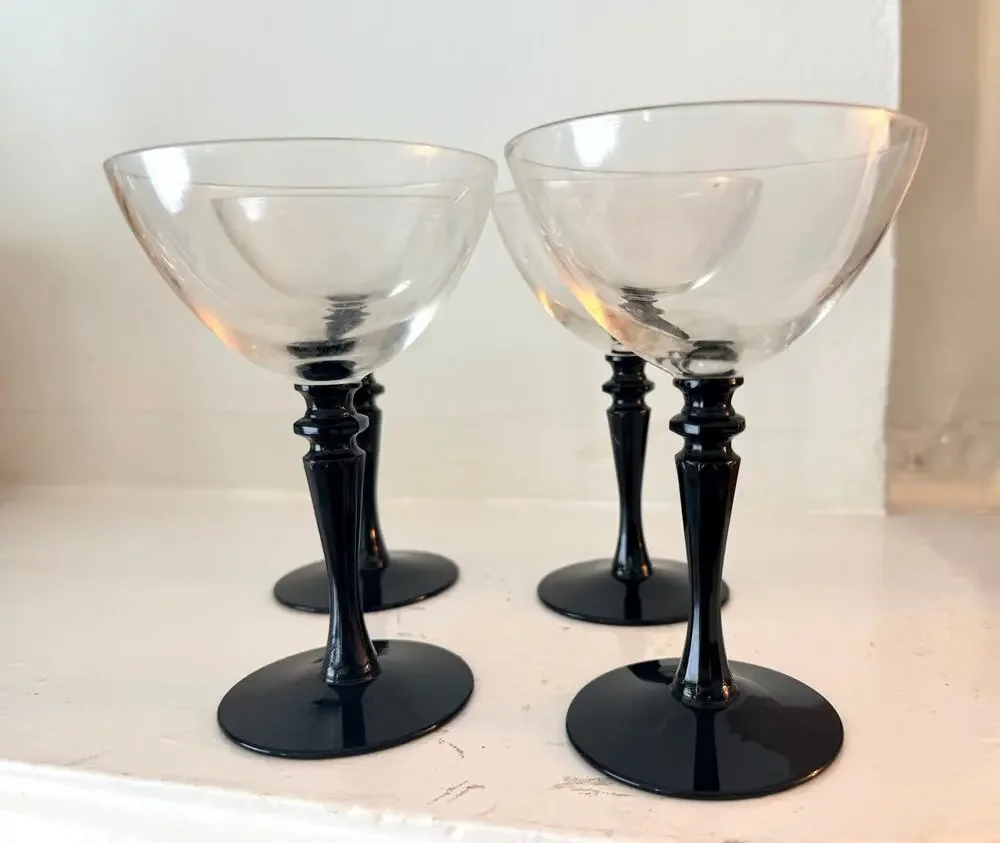 4 Vintage Black Stem Wine Goblets Set 4 Cocktail Coupes Elegant Deco Goth